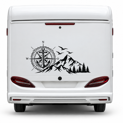 Camper Aufkleber Kompass Anker Berge & Wald
