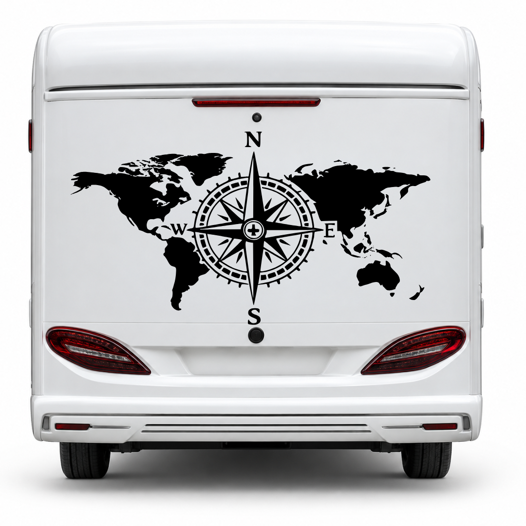 Weltkarte mit Kompass Aufkleber für Wohnmobil, Wohnwagen & Camper