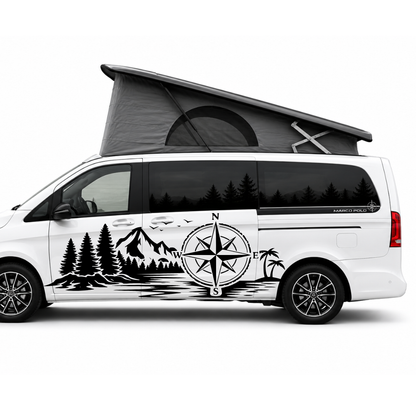 Wald & Palmen mit Kompass Aufkleber für Wohnmobil, Camper & Van – Wetterfester Vanlife Sticker aus ORACAL® Folie