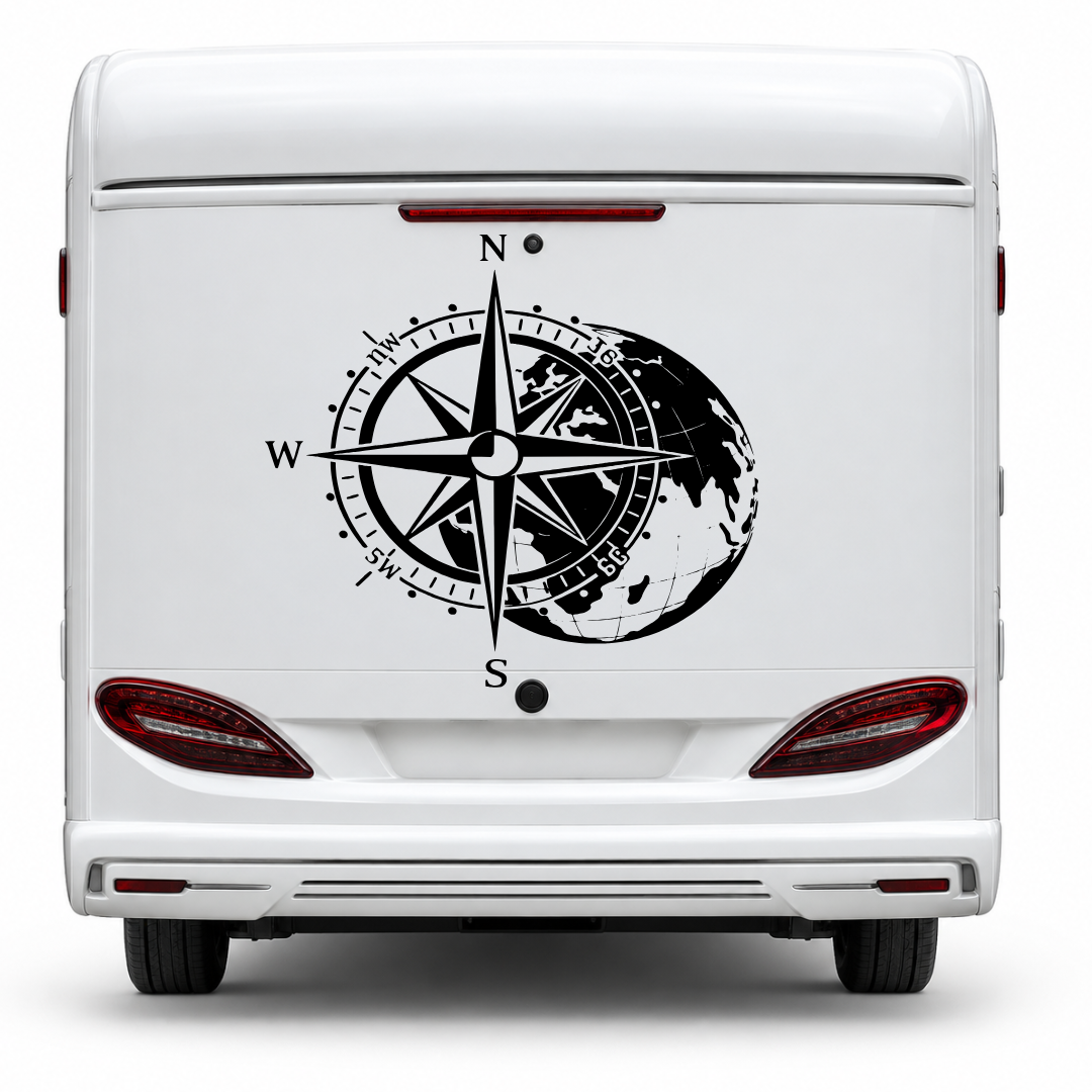 Kompass mit Weltkarte Aufkleber für Wohnmobil, Wohnwagen & Camper | Weltreise-Fahrzeugaufkleber