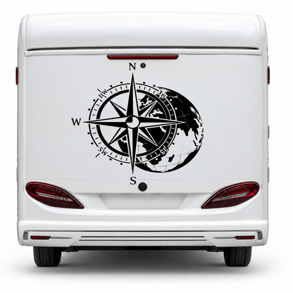 Kompass mit Weltkarte Aufkleber für Wohnmobil, Wohnwagen & Camper | Weltreise-Fahrzeugaufkleber