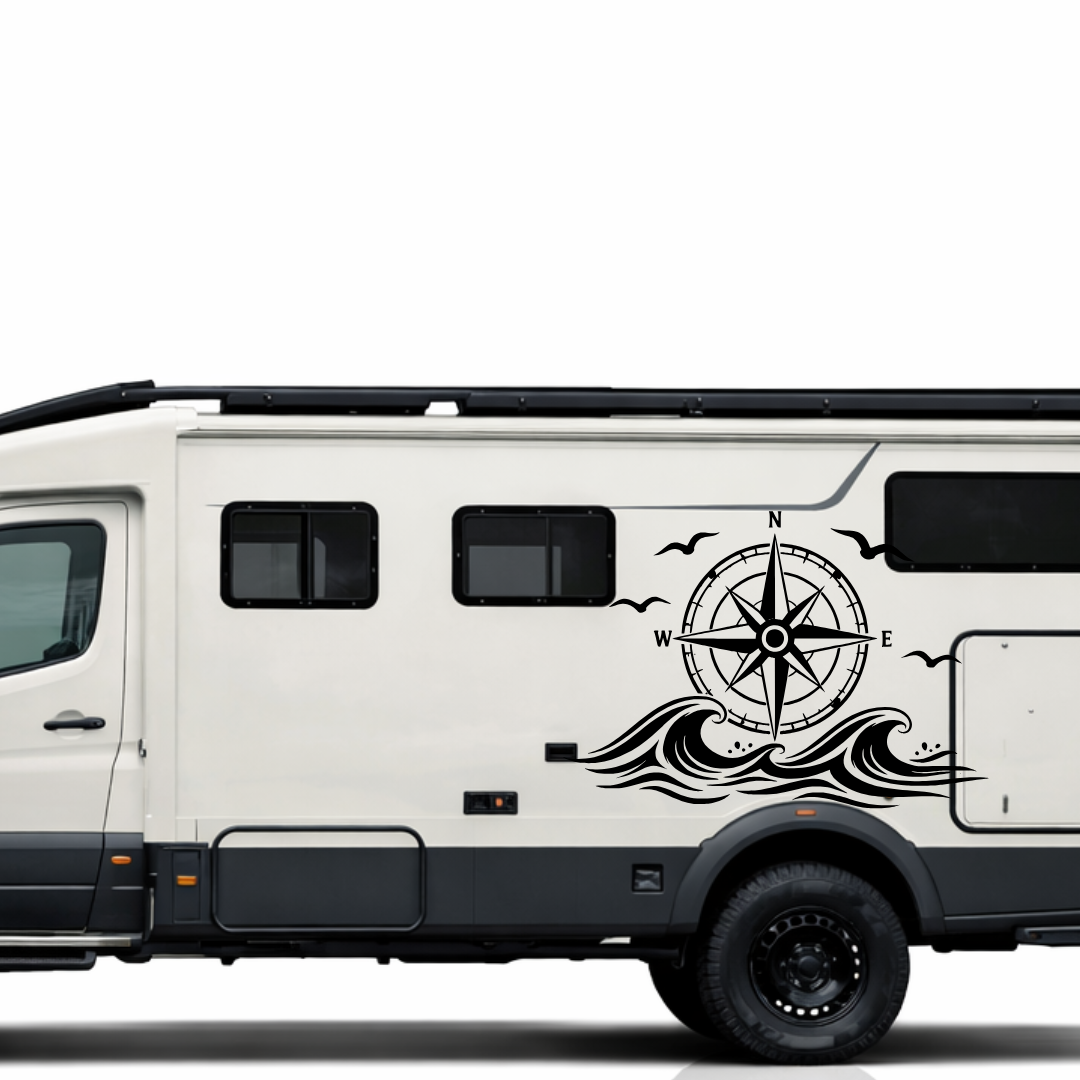 Kompass mit Wellen & Möwen Aufkleber für Wohnmobil, Wohnwagen und Camper | Maritimer Fahrzeugaufkleber