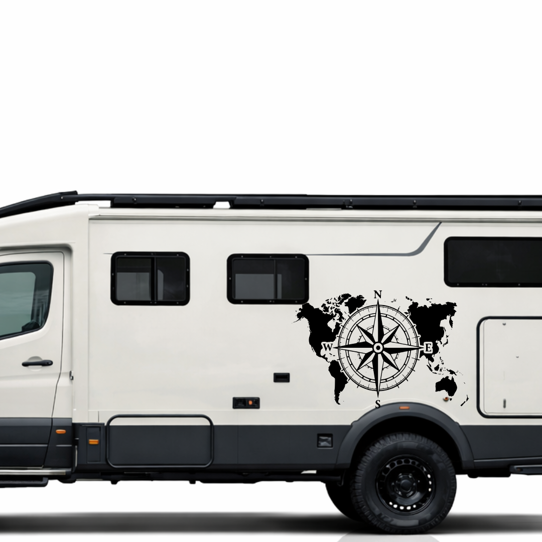 Große Kompassrose mit Weltkarte für Wohnmobil, Wohnwagen & Camper