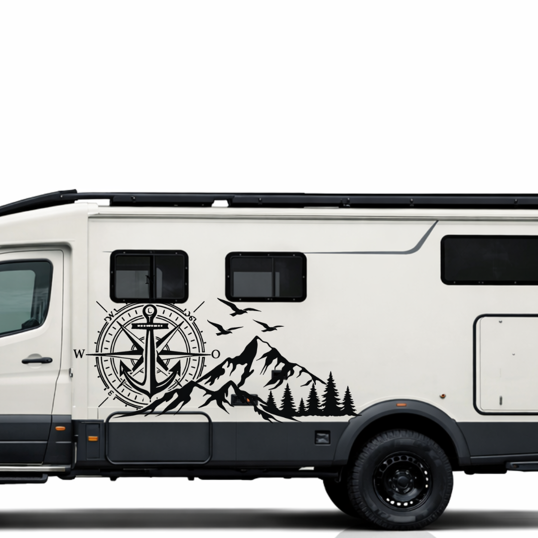 Camper Aufkleber Kompass Anker Berge & Wald