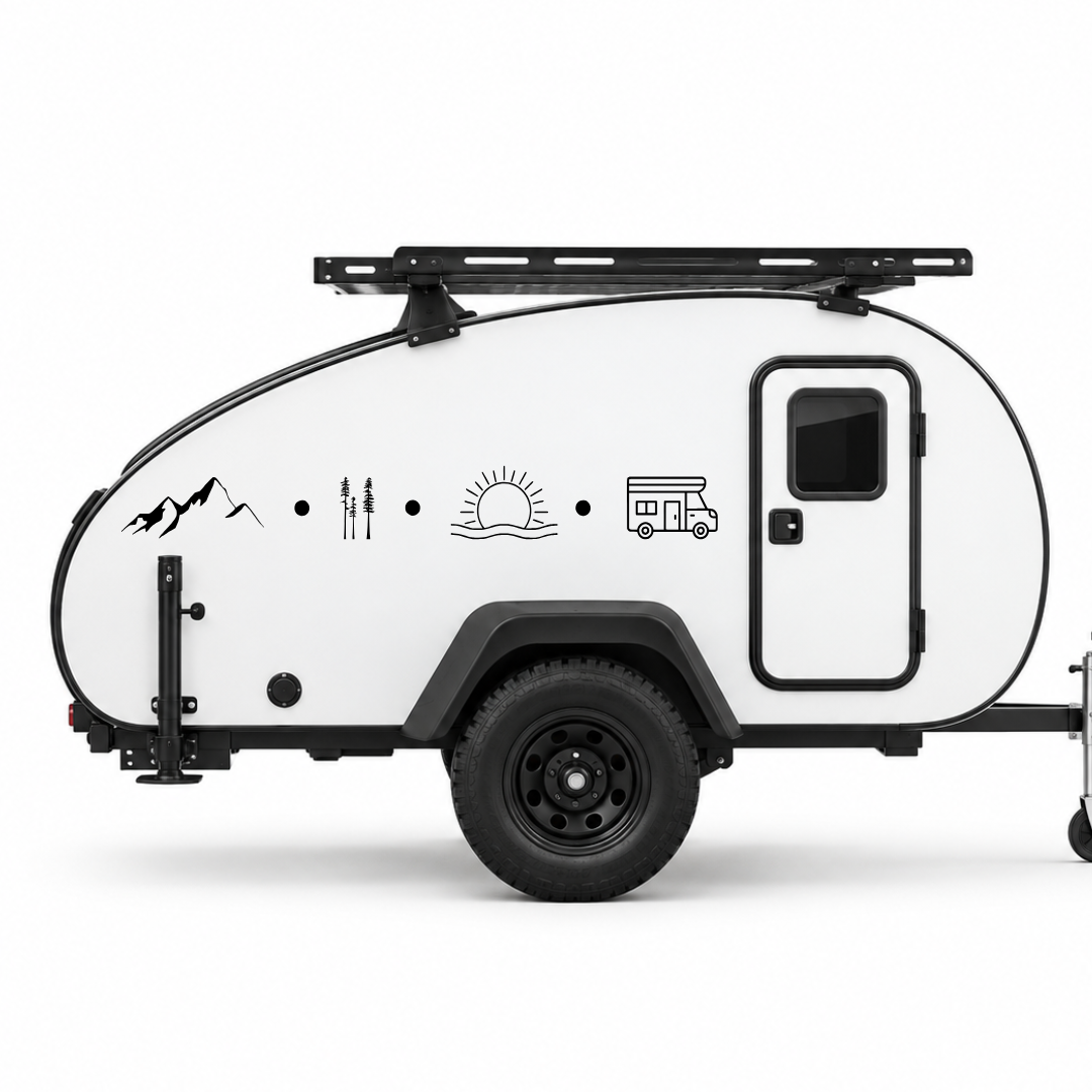 Camping Symbole Aufkleber mit Bergen, Wald, Sonne & Wohnmobil | Camper- und Wohnwagen-Aufkleber aus ORACAL® Folie