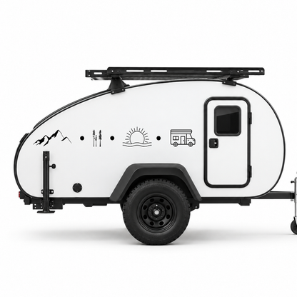 Camping Symbole Aufkleber mit Bergen, Wald, Sonne & Wohnmobil | Camper- und Wohnwagen-Aufkleber aus ORACAL® Folie