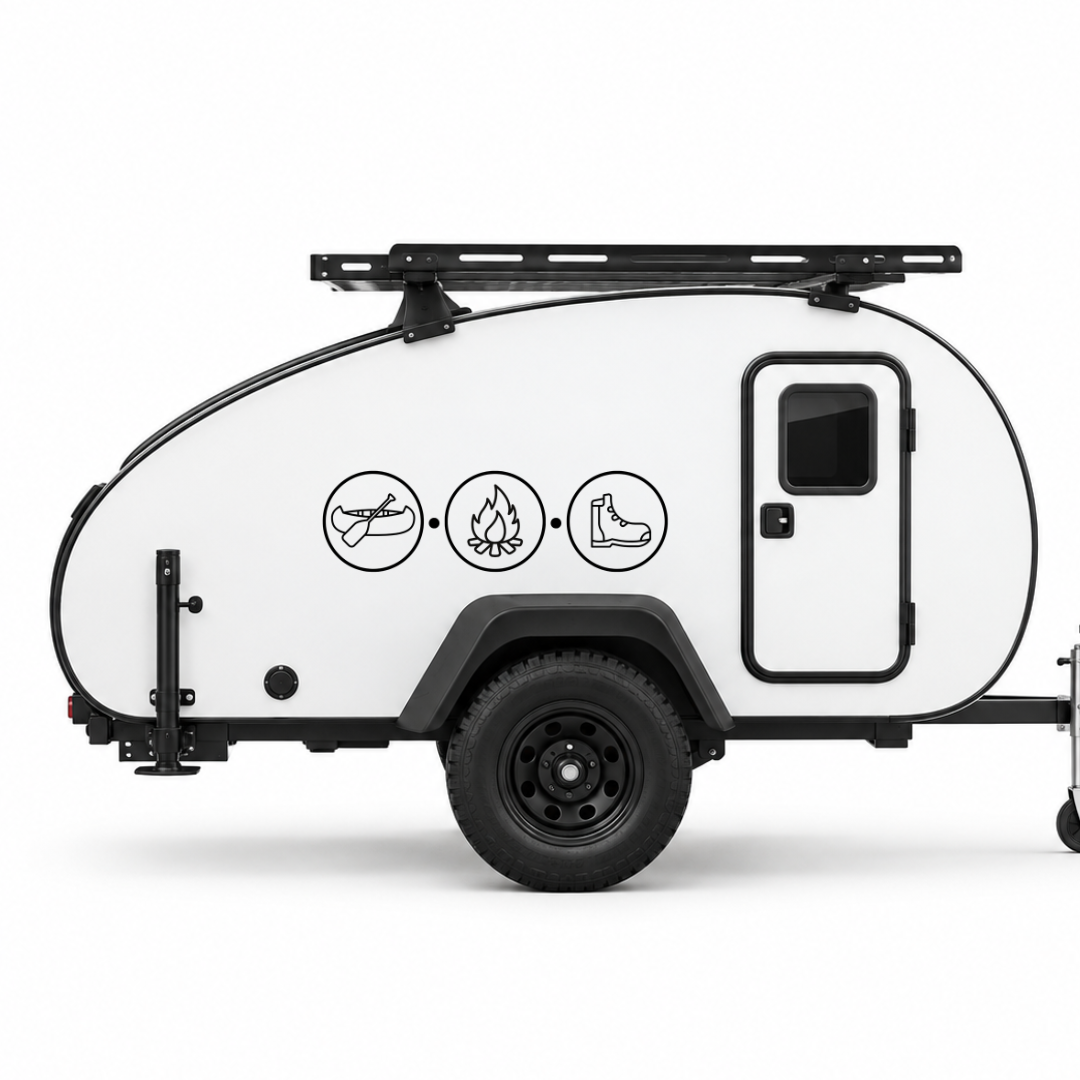 Outdoor-Abenteuer Aufkleber mit Kanu, Lagerfeuer & Wanderschuh | Aufkleber aus ORACAL® Folie