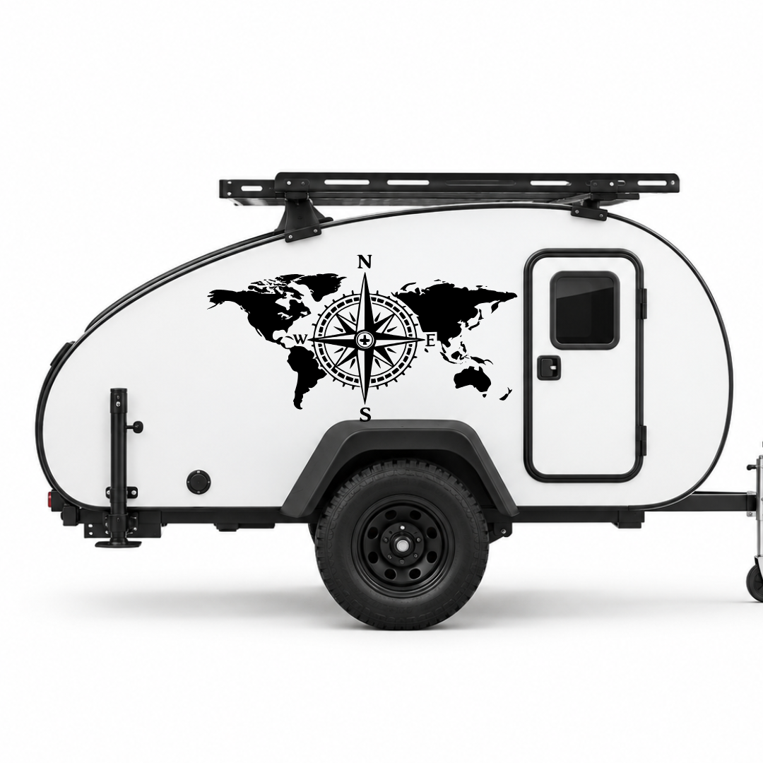 Weltkarte mit Kompass Aufkleber für Wohnmobil, Wohnwagen & Camper