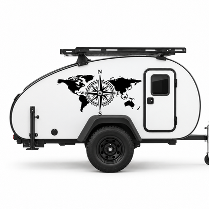 Weltkarte mit Kompass Aufkleber für Wohnmobil, Wohnwagen & Camper