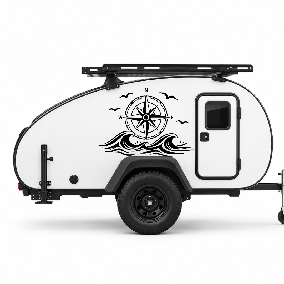 Kompass mit Wellen & Möwen Aufkleber für Wohnmobil, Wohnwagen und Camper | Maritimer Fahrzeugaufkleber