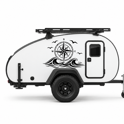 Kompass mit Wellen & Möwen Aufkleber für Wohnmobil, Wohnwagen und Camper | Maritimer Fahrzeugaufkleber