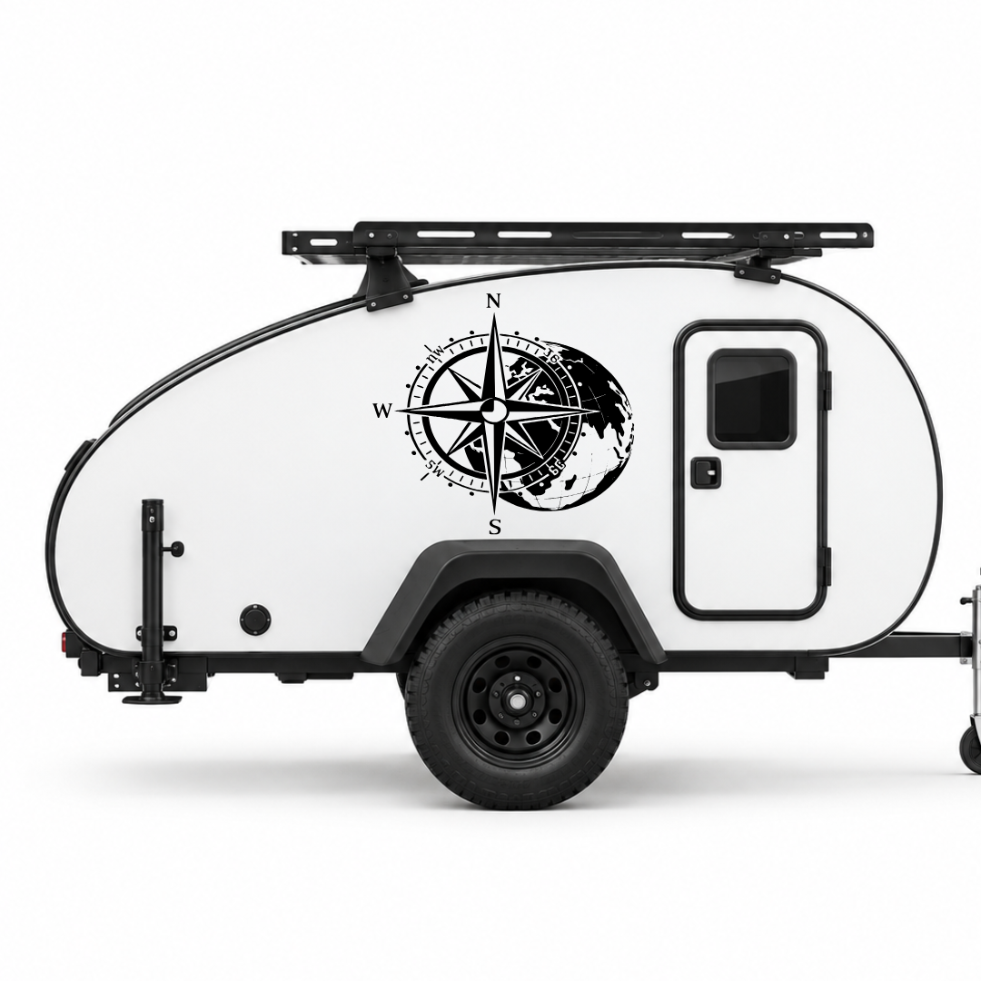 Kompass mit Weltkarte Aufkleber für Wohnmobil, Wohnwagen & Camper | Weltreise-Fahrzeugaufkleber