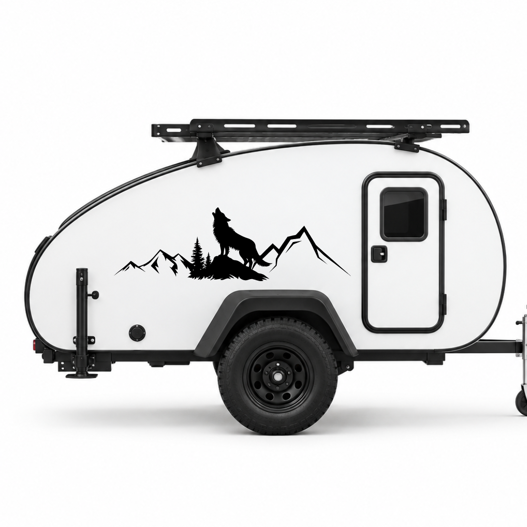 Wolf & Berge Aufkleber für Wohnmobil, Wohnwagen und Camper