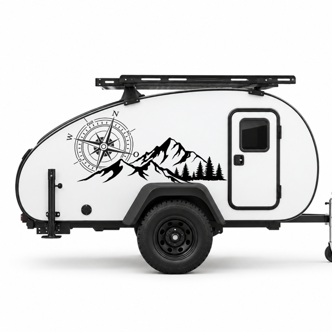 Camper Aufkleber Kompass Berge & Wald