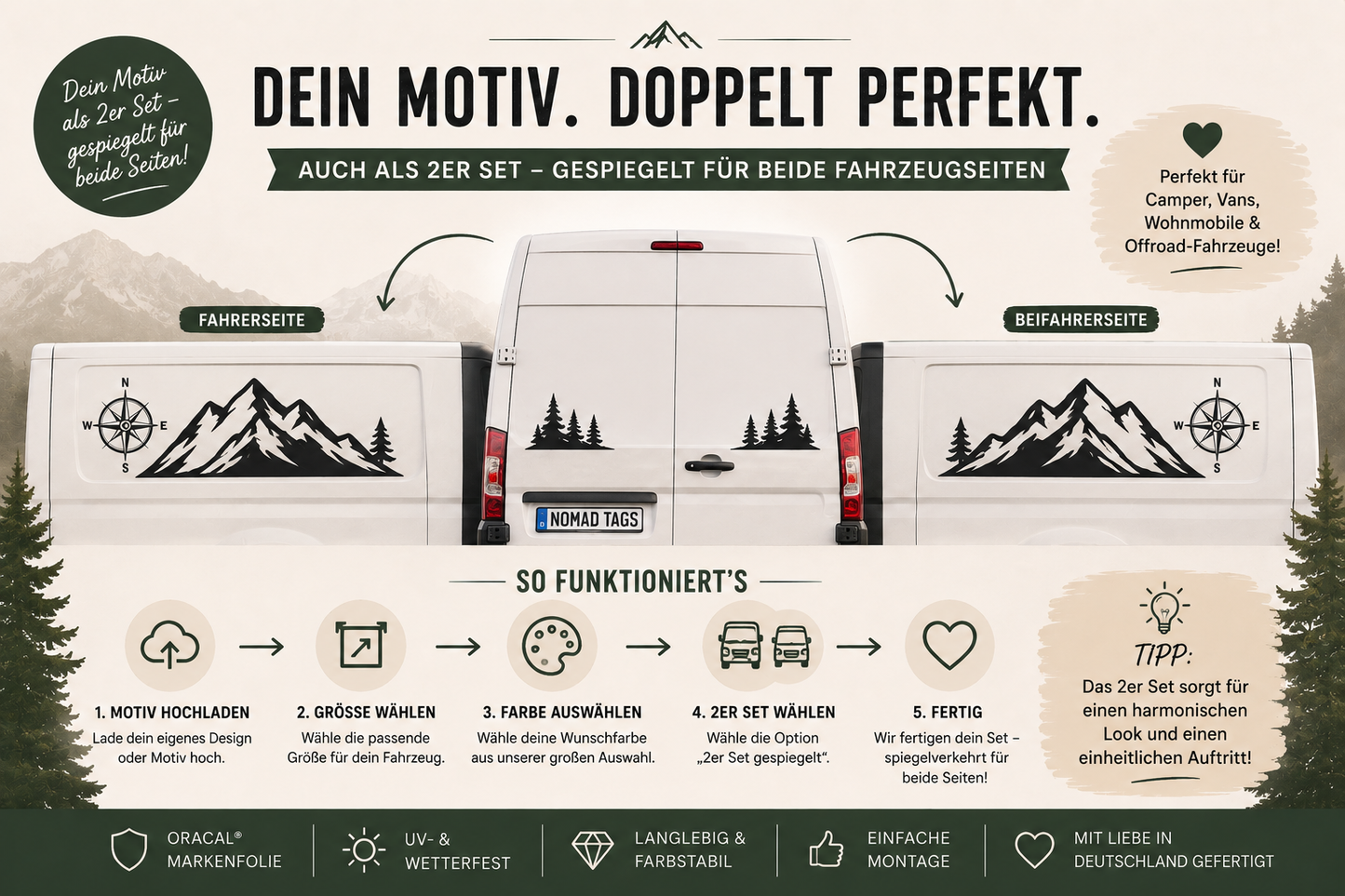 Eigener Aufkleber nach Wunschmotiv – Individueller Fahrzeugaufkleber aus ORACAL® Folie für Camper, Wohnmobil & Van