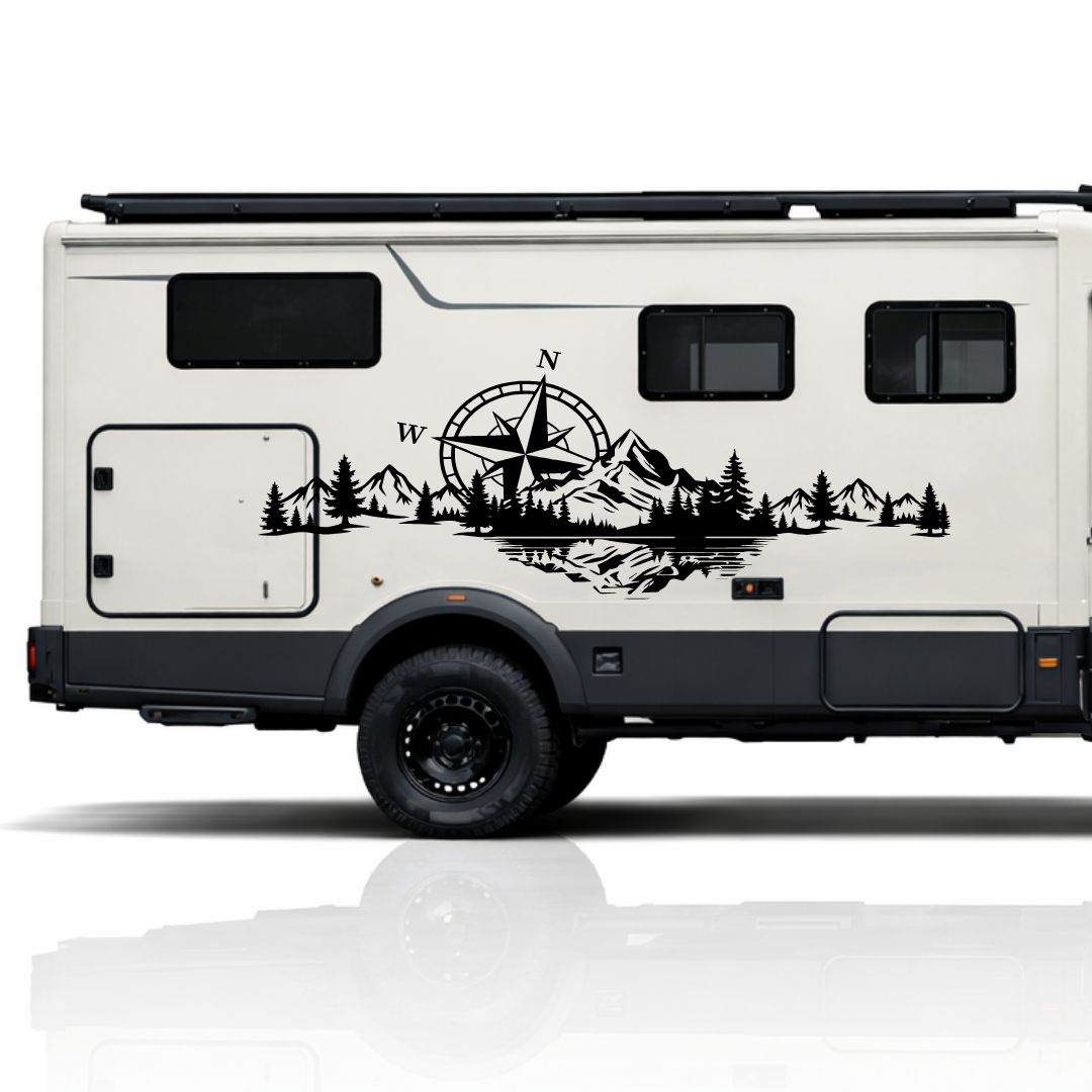 Kompass Berge Aufkleber für Camper & Wohnmobil | Vanlife Fahrzeugaufkleber aus ORACAL® Markenfolie