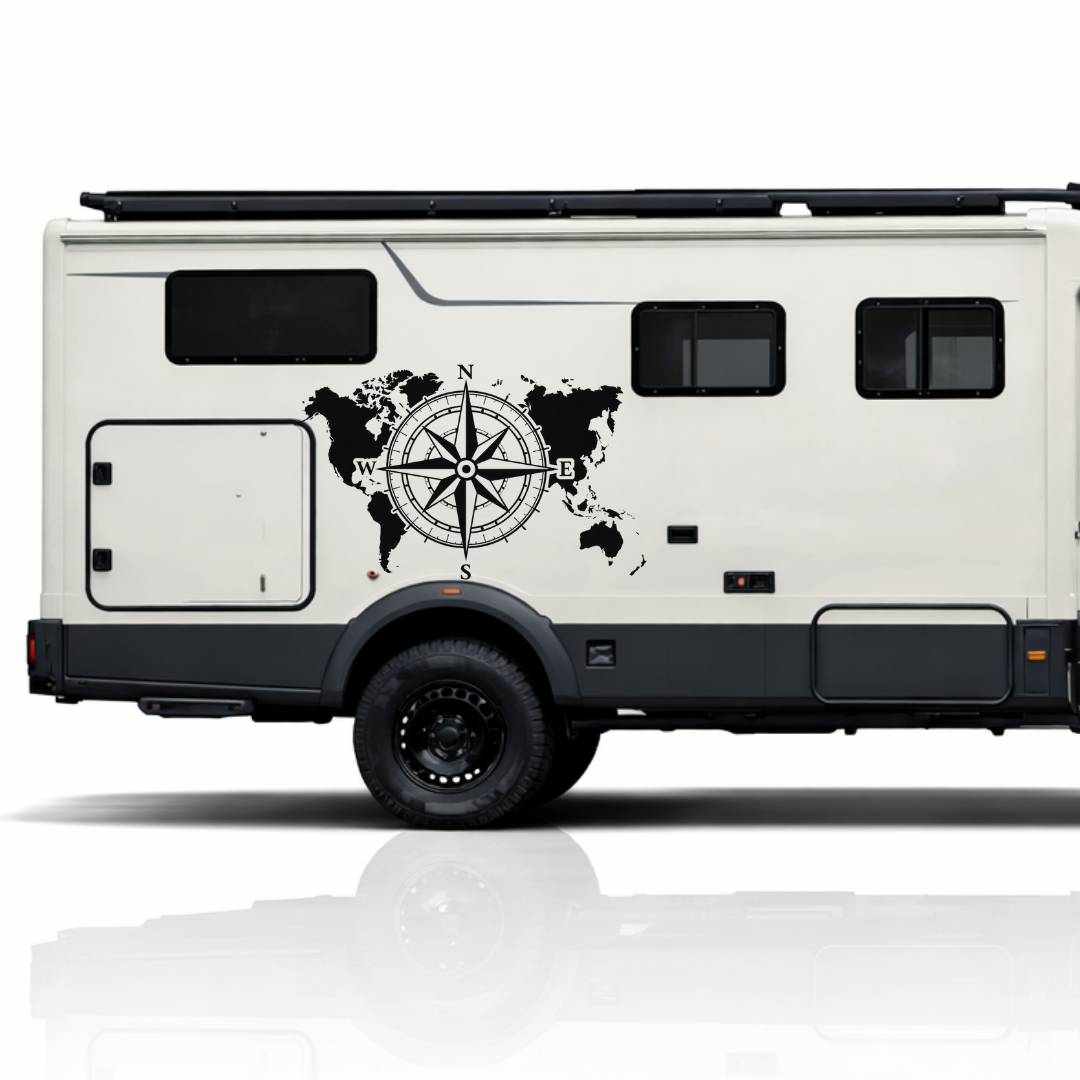 Weltkarte Kompass Aufkleber für Camper & Wohnmobil | Vanlife Fahrzeugaufkleber aus ORACAL® Markenfolie