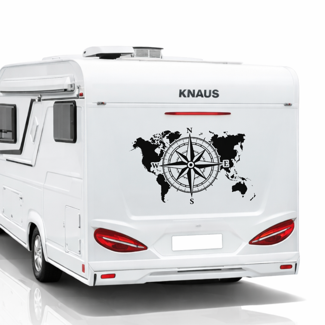 Weltkarte Kompass Aufkleber für Camper & Wohnmobil | Vanlife Fahrzeugaufkleber aus ORACAL® Markenfolie