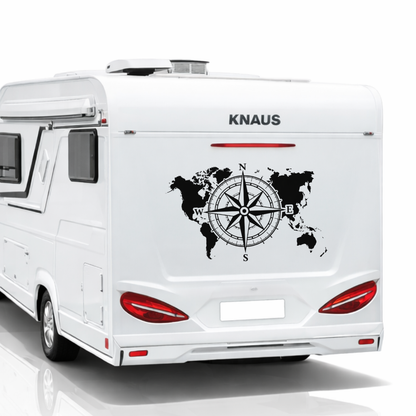 Weltkarte Kompass Aufkleber für Camper & Wohnmobil | Vanlife Fahrzeugaufkleber aus ORACAL® Markenfolie