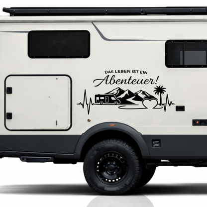 Das Leben ist ein Abenteuer Aufkleber | Wohnmobil Aufkleber Camper Vanlife Sticker Berge Herzschlag Wohnwagen Deko