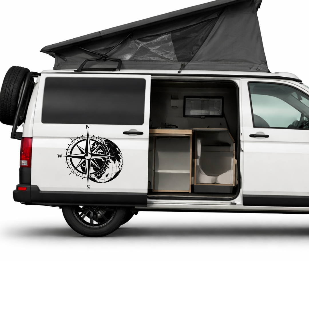 Kompass Weltkugel Aufkleber Wohnmobil | Camper Aufkleber Vanlife Sticker Reise Wohnwagen Kompass Weltkarte Outdoor